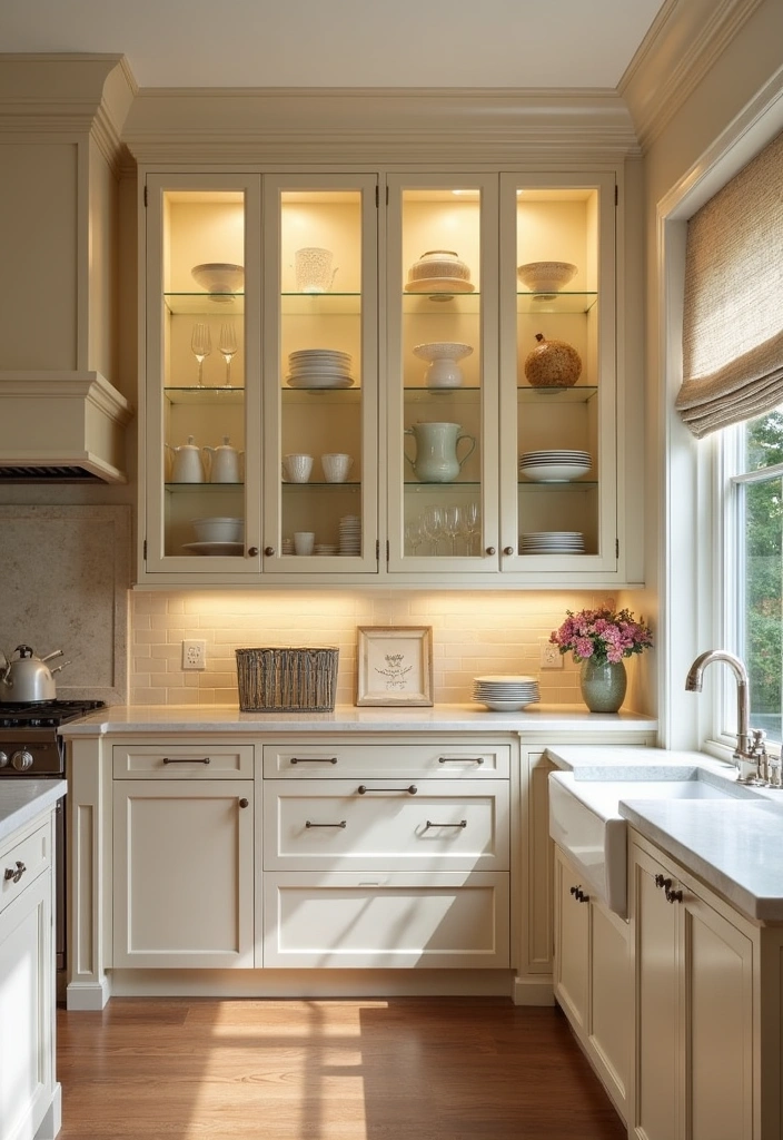 24 Gorgeous Beige Kitchen Cabinets Ideas - 10. Beige Cabinets with Glass Fronts