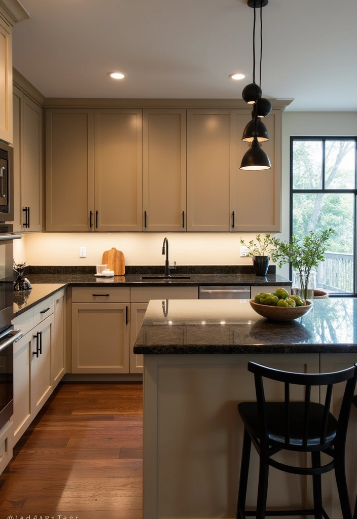 24 Gorgeous Beige Kitchen Cabinets Ideas - 6. Warm Beige with Dark Accents