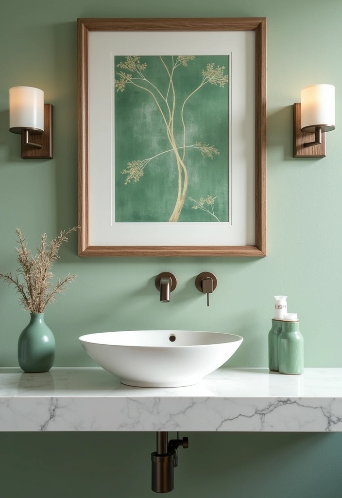 24 Inspiring Sage Green Bathroom Ideas - 14. Sage Green Wall Art