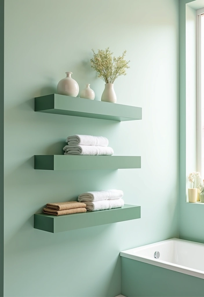 24 Inspiring Sage Green Bathroom Ideas - 16. Sage Green Bathroom Shelves