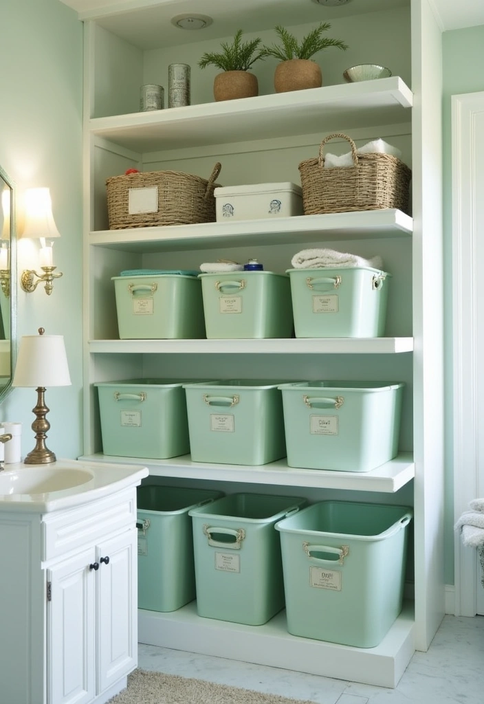 24 Inspiring Sage Green Bathroom Ideas - 18. Sage Green Storage Solutions