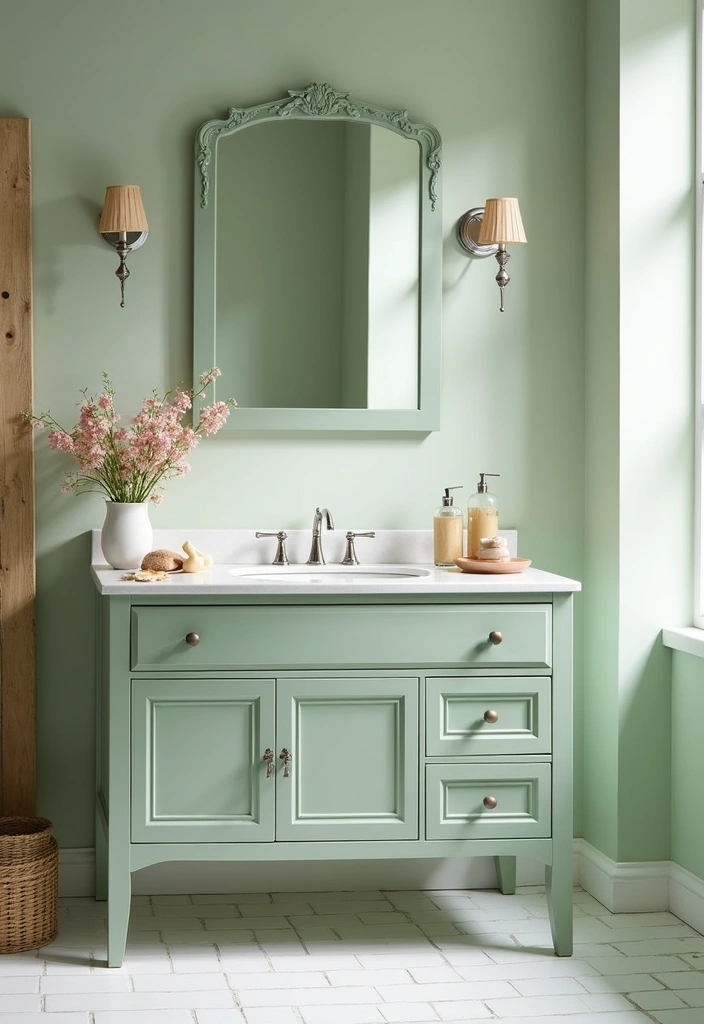 24 Inspiring Sage Green Bathroom Ideas - 2. Sage Green and White Color Scheme