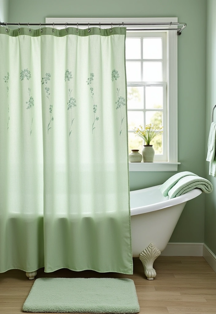 24 Inspiring Sage Green Bathroom Ideas - 3. Sage Green Shower Curtain