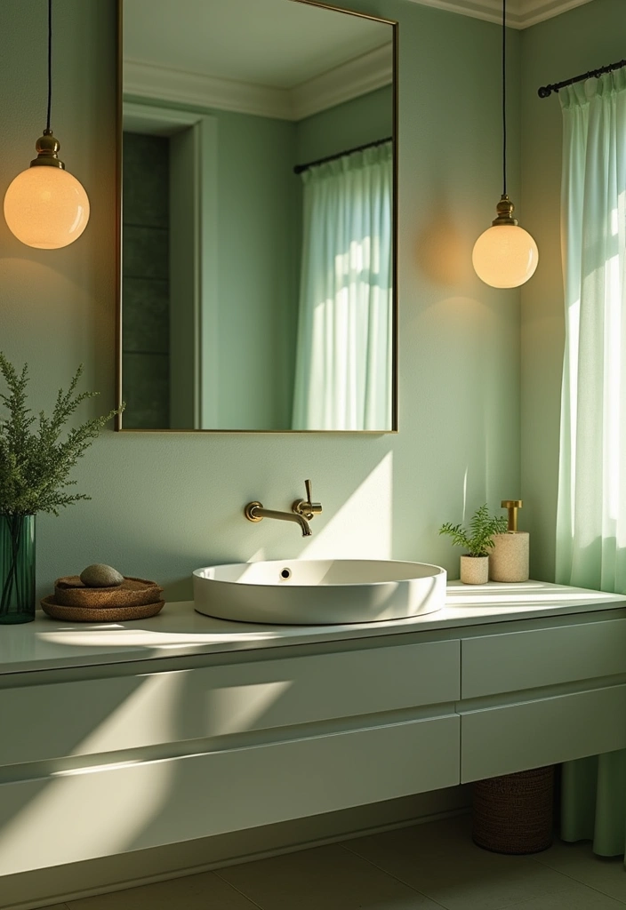 24 Inspiring Sage Green Bathroom Ideas - 8. Sage Green Lighting Fixtures