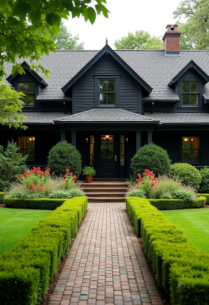 25 Contemporary Black Farmhouse Exteriors Ideas - 10. Charming Landscaping