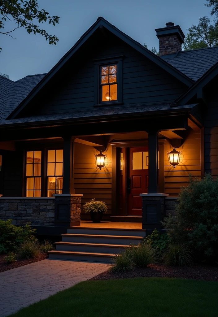 25 Contemporary Black Farmhouse Exteriors Ideas - 13. Statement Lighting