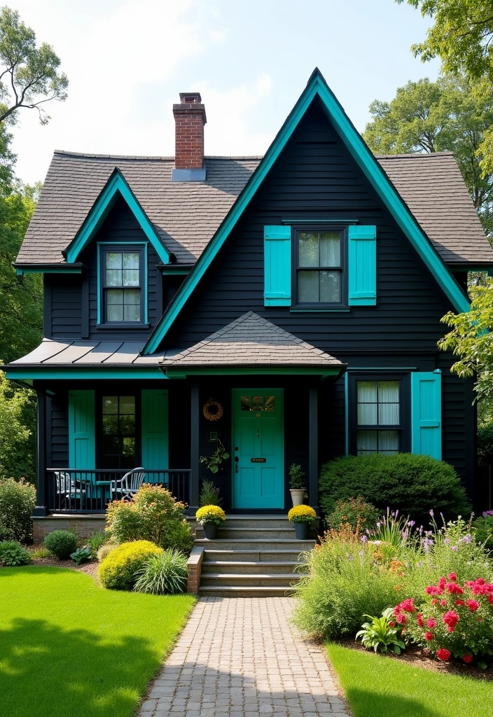 25 Contemporary Black Farmhouse Exteriors Ideas - 14. Colorful Accents