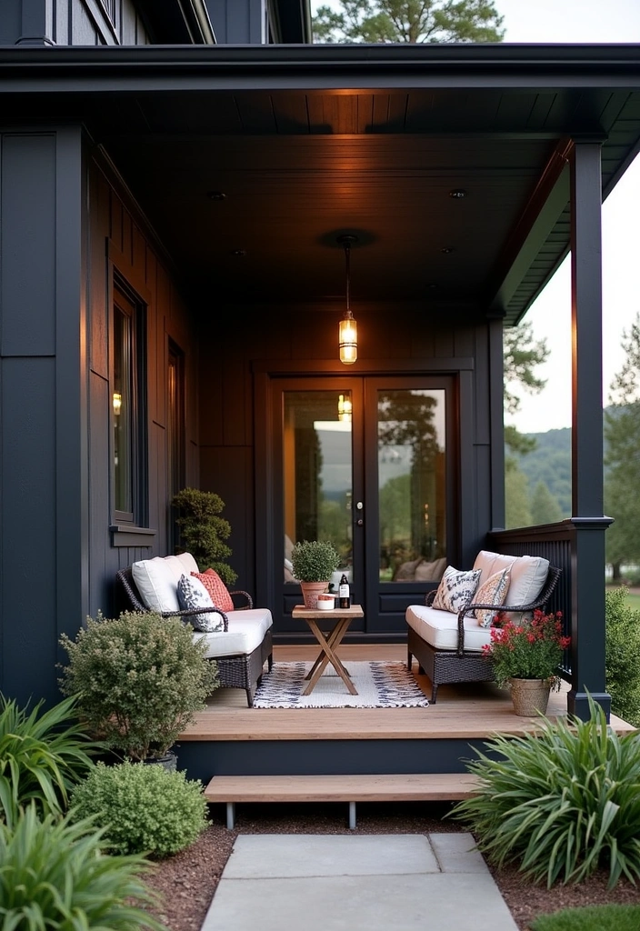 25 Contemporary Black Farmhouse Exteriors Ideas - 6. Porch with a Twist