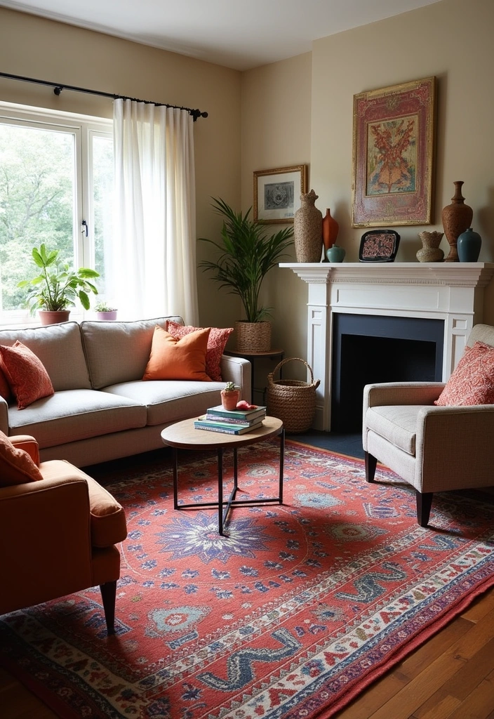 25 Modern Boho Living Room Ideas - 14. Colorful Rugs