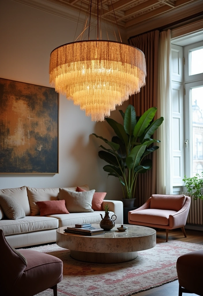 25 Modern Boho Living Room Ideas - 8. Statement Lighting
