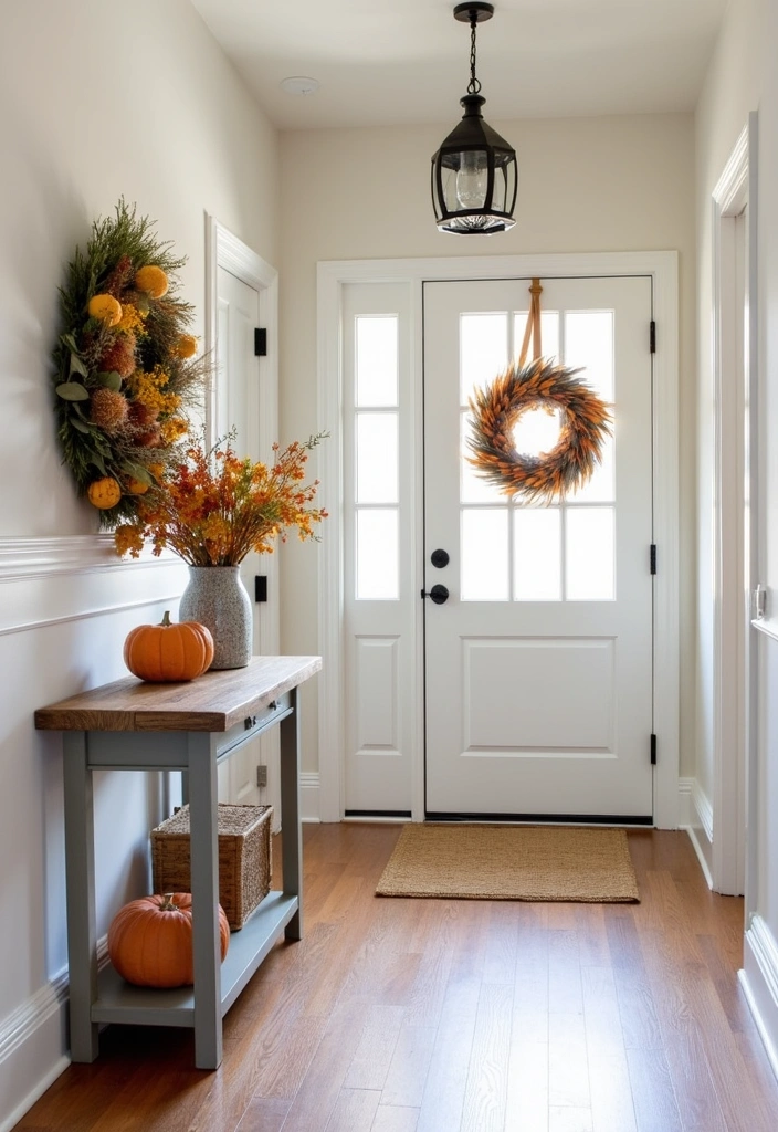 25 Modern Farmhouse Hallway Ideas - 15. Seasonal Decor Changes