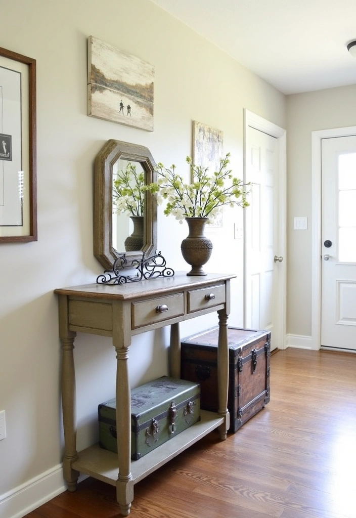 25 Modern Farmhouse Hallway Ideas - 7. Vintage Accent Furniture