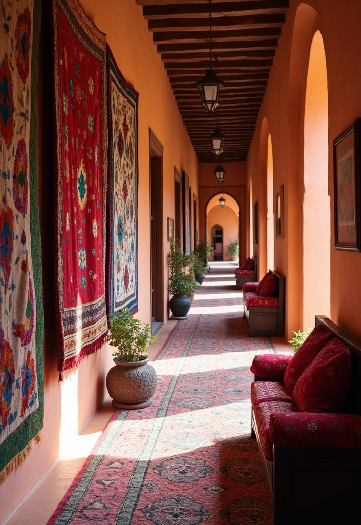 25 Moroccan Hallway Decor Ideas - 8. Rich Textiles and Fabrics