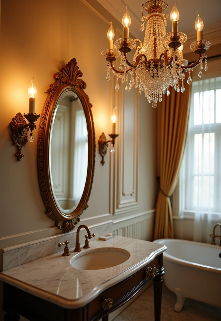 25 Parisian Bathroom Design Ideas - 8. Elegant Lighting Fixtures