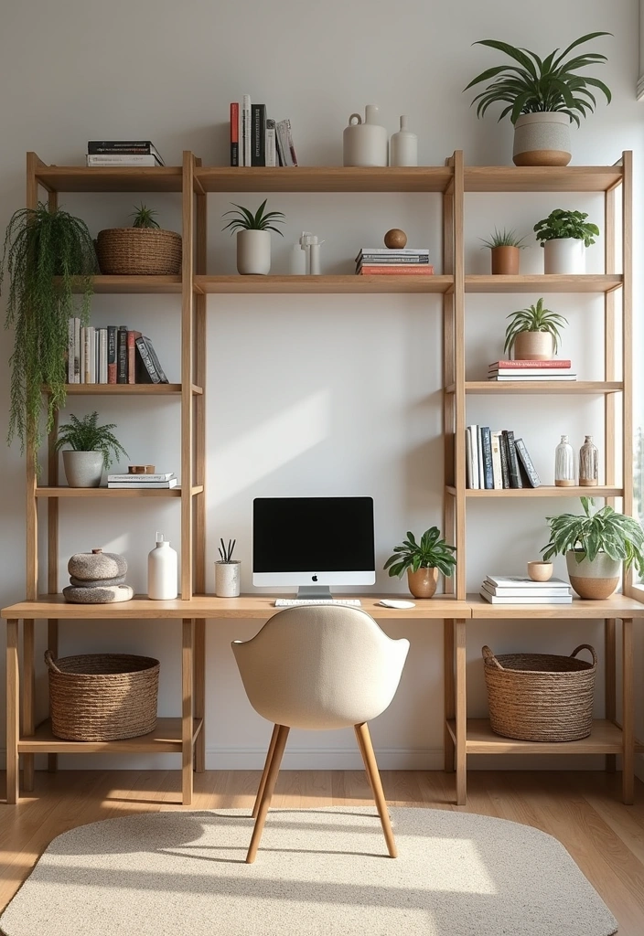 25 Relaxing Earthy Home Office Design Ideas - 11. Open Shelving