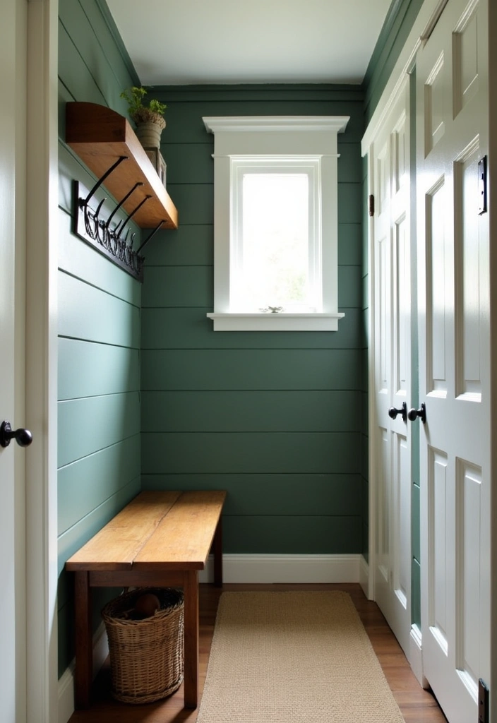 25 Stunning Moody Dark Green Mudroom Ideas - 1. Elegant Dark Green Shiplap Walls