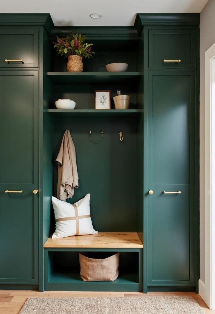 25 Stunning Moody Dark Green Mudroom Ideas - 10. Dark Green with Built-In Storage