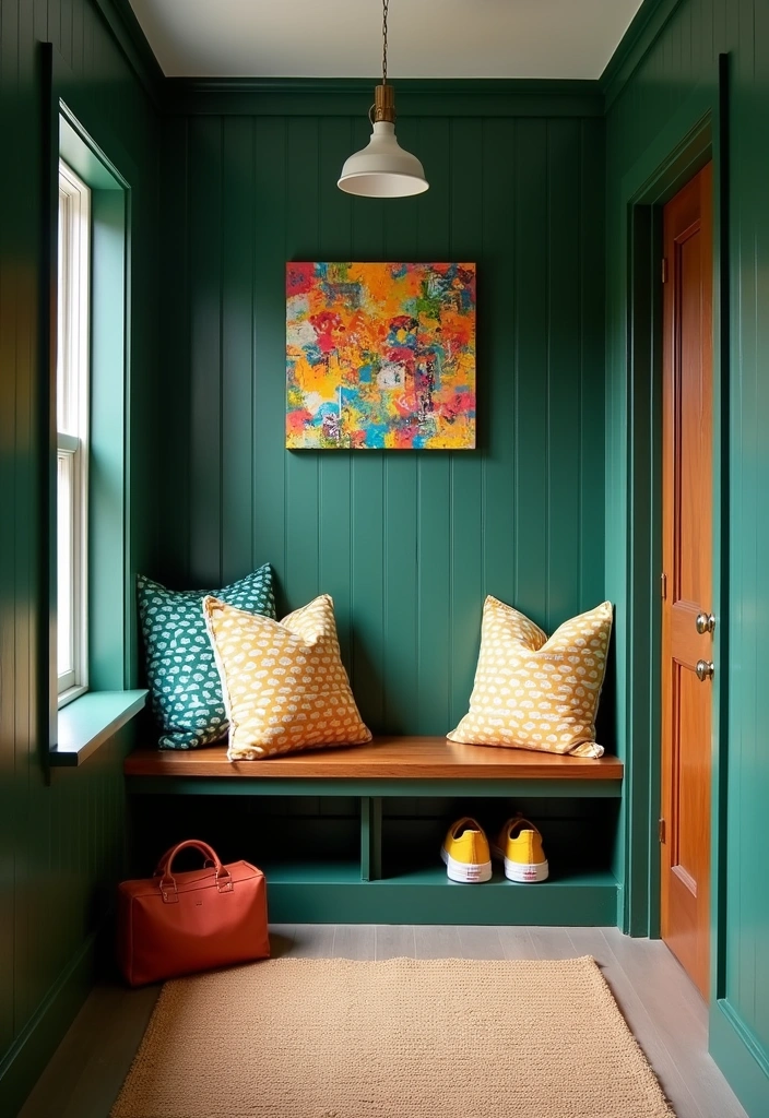 25 Stunning Moody Dark Green Mudroom Ideas - 12. Dark Green with a Pop of Color