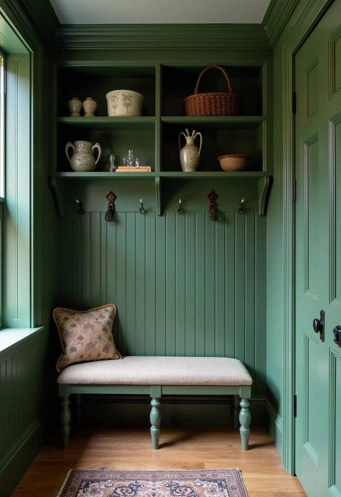 25 Stunning Moody Dark Green Mudroom Ideas - 13. Dark Green with Vintage Accents