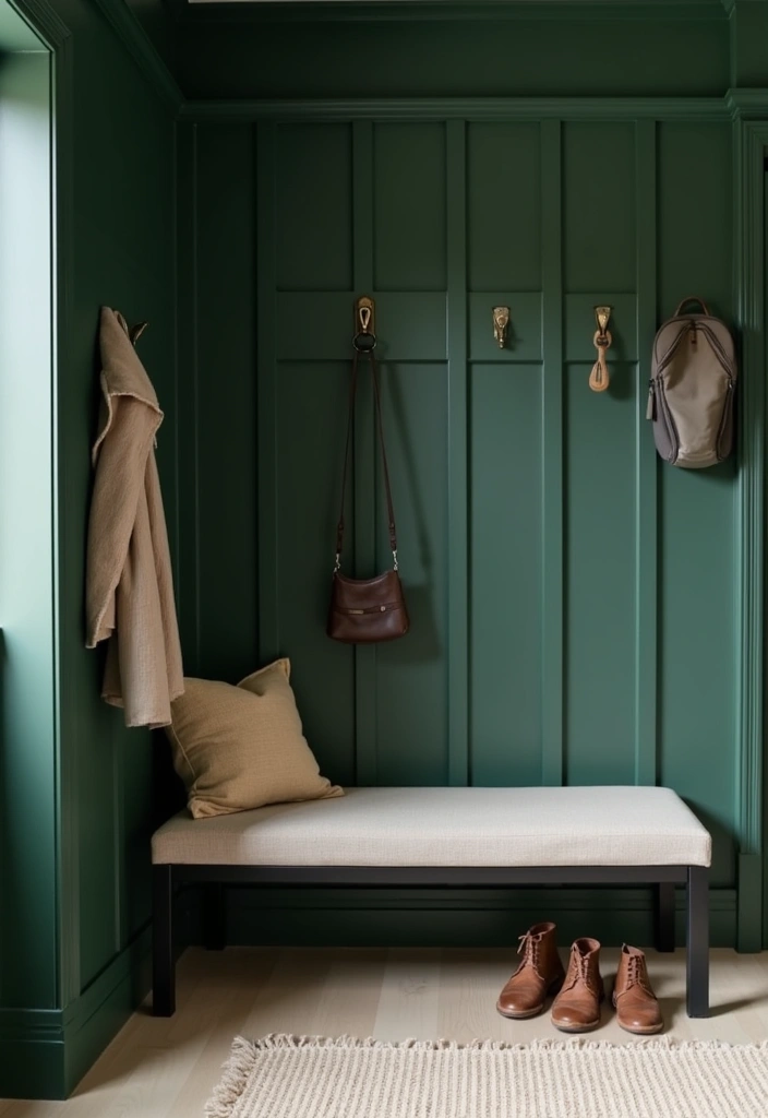 25 Stunning Moody Dark Green Mudroom Ideas - 15. Dark Green with Modern Minimalism