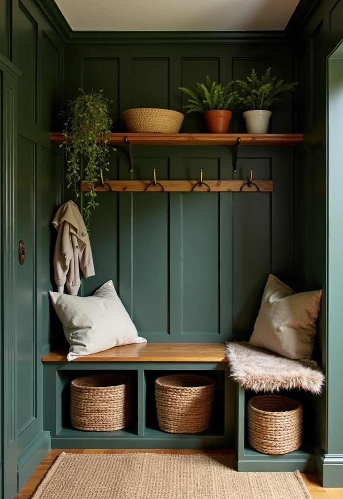 25 Stunning Moody Dark Green Mudroom Ideas - 2. Moody Green with Natural Wood Accents