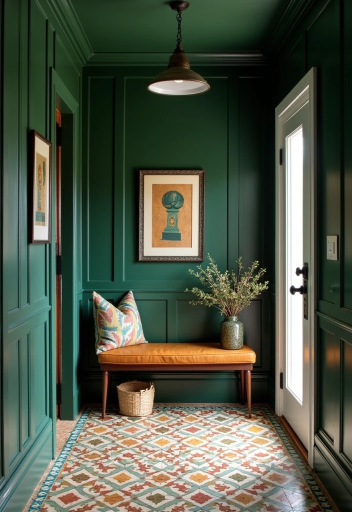 25 Stunning Moody Dark Green Mudroom Ideas - 4. Dark Green with Artistic Tiles