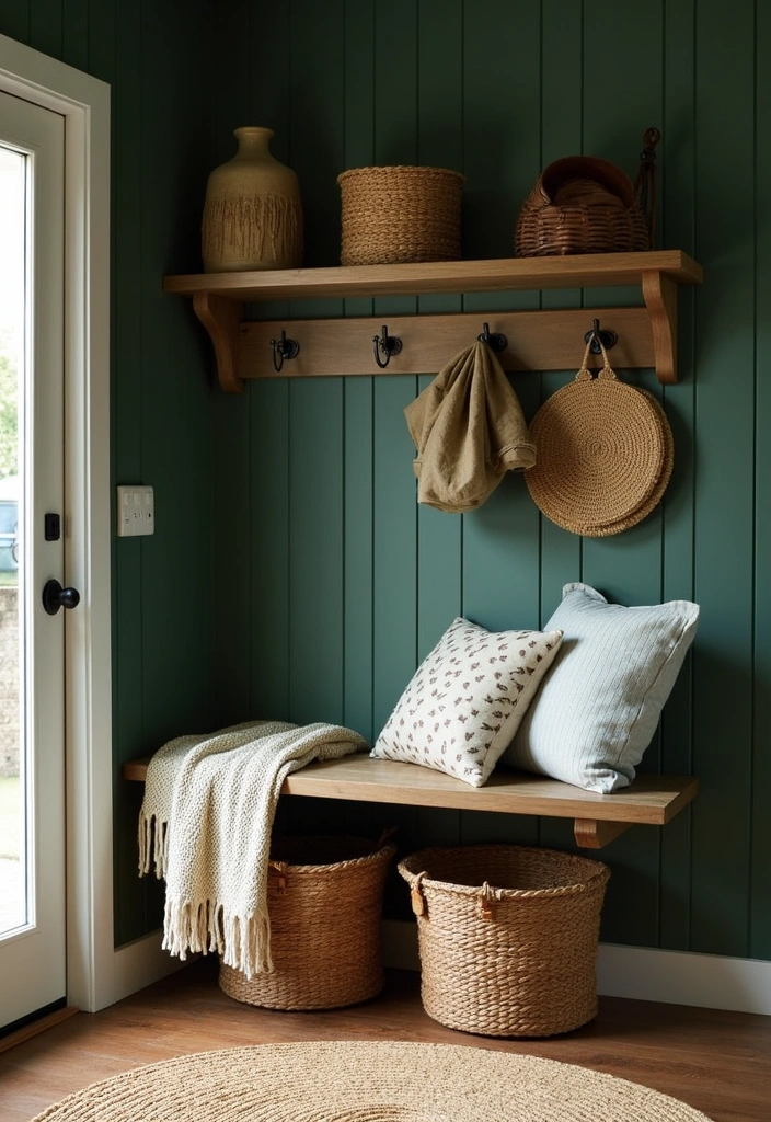 25 Stunning Moody Dark Green Mudroom Ideas - 5. Cozy Textures with Dark Green