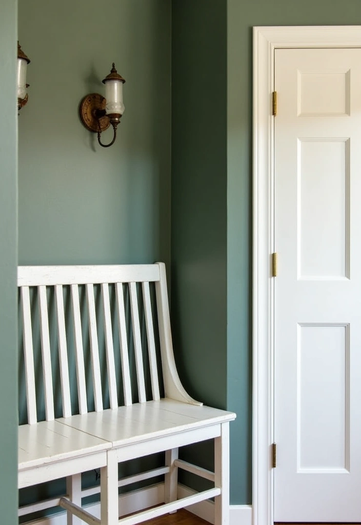 25 Stunning Moody Dark Green Mudroom Ideas - 6. Dark Green and White Contrast