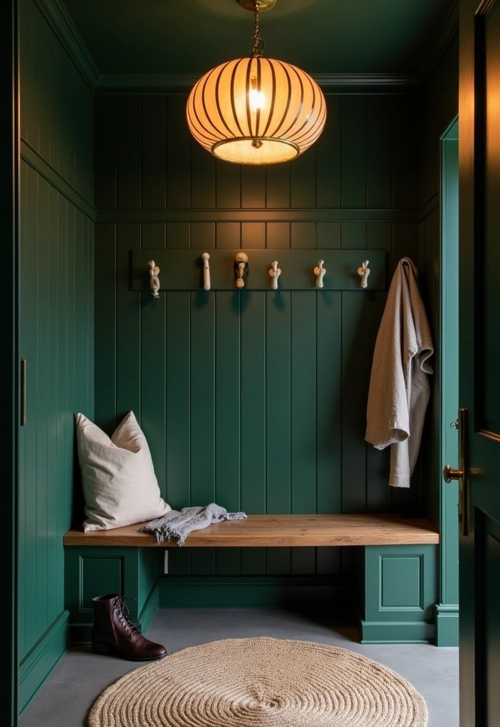 25 Stunning Moody Dark Green Mudroom Ideas - 7. Statement Lighting in Dark Green Spaces