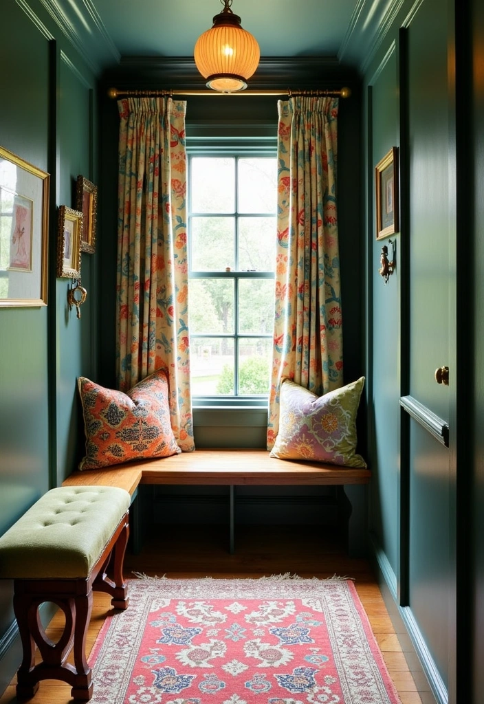 25 Stunning Moody Dark Green Mudroom Ideas - 9. Dark Green and Patterned Fabrics