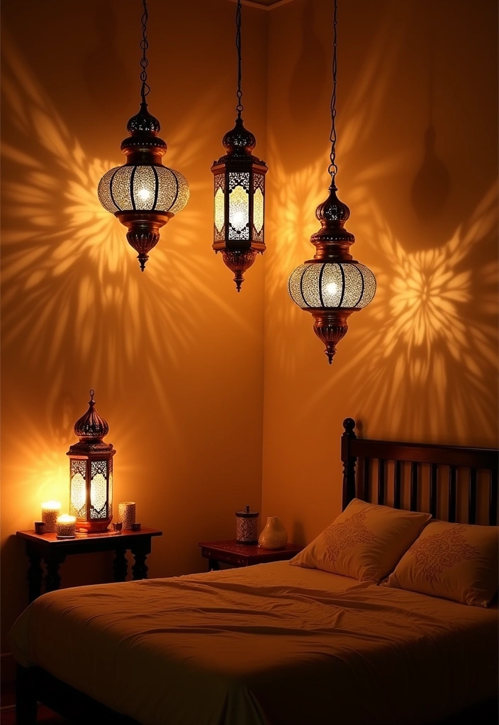 26 Beautiful Moroccan Bedroom Ideas - 4. Elegant Lantern Lighting