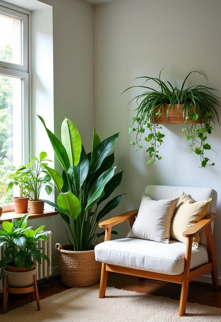 26 Calming Japandi Reading Nooks Ideas - 6. Indoor Plants for Airy Feel