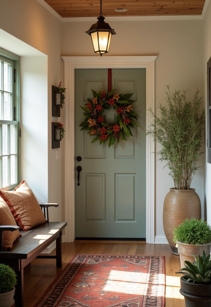 26 Cozy Modern Farmhouse Entryways Ideas - 21. Inviting Seasonal Wreaths