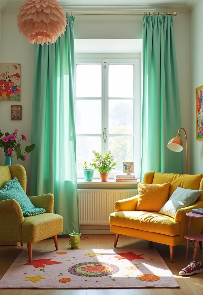 26 Curtain Trends to Enhance Living Room Decor Ideas - 14. Whimsical Colors