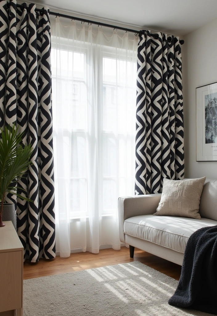 26 Curtain Trends to Enhance Living Room Decor Ideas - 16. Graphic Prints