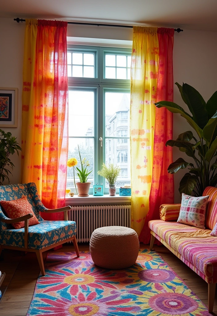 26 Curtain Trends to Enhance Living Room Decor Ideas - 23. Artistic Tie-Dye