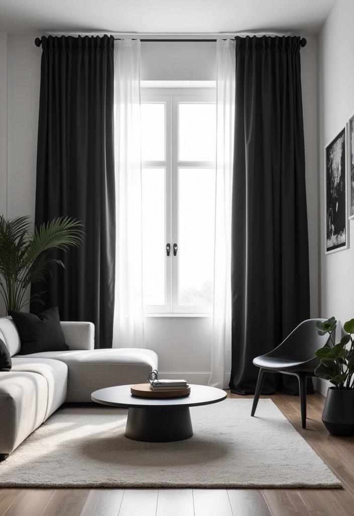 26 Curtain Trends to Enhance Living Room Decor Ideas - 5. Minimalist Monochrome