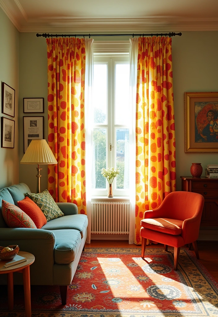 26 Curtain Trends to Enhance Living Room Decor Ideas - 7. Retro Revival