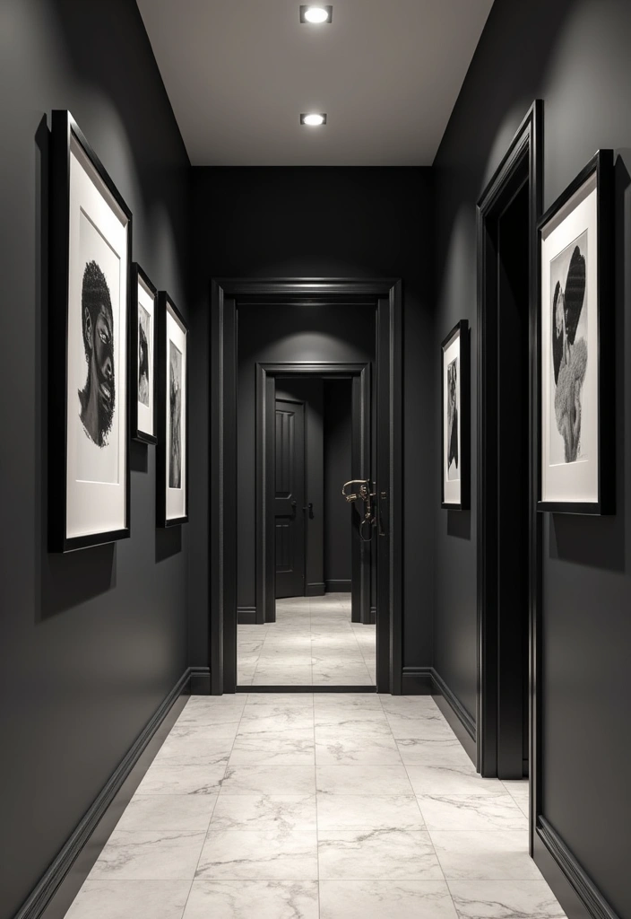 26 Dark Hallway Ideas to Elevate Your Home Decor - 1. Moody Monochrome