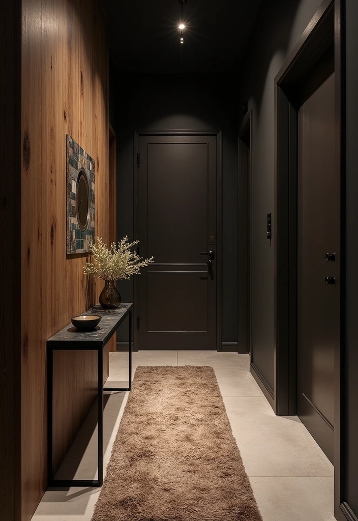 26 Dark Hallway Ideas to Elevate Your Home Decor - 17. Layered Textures