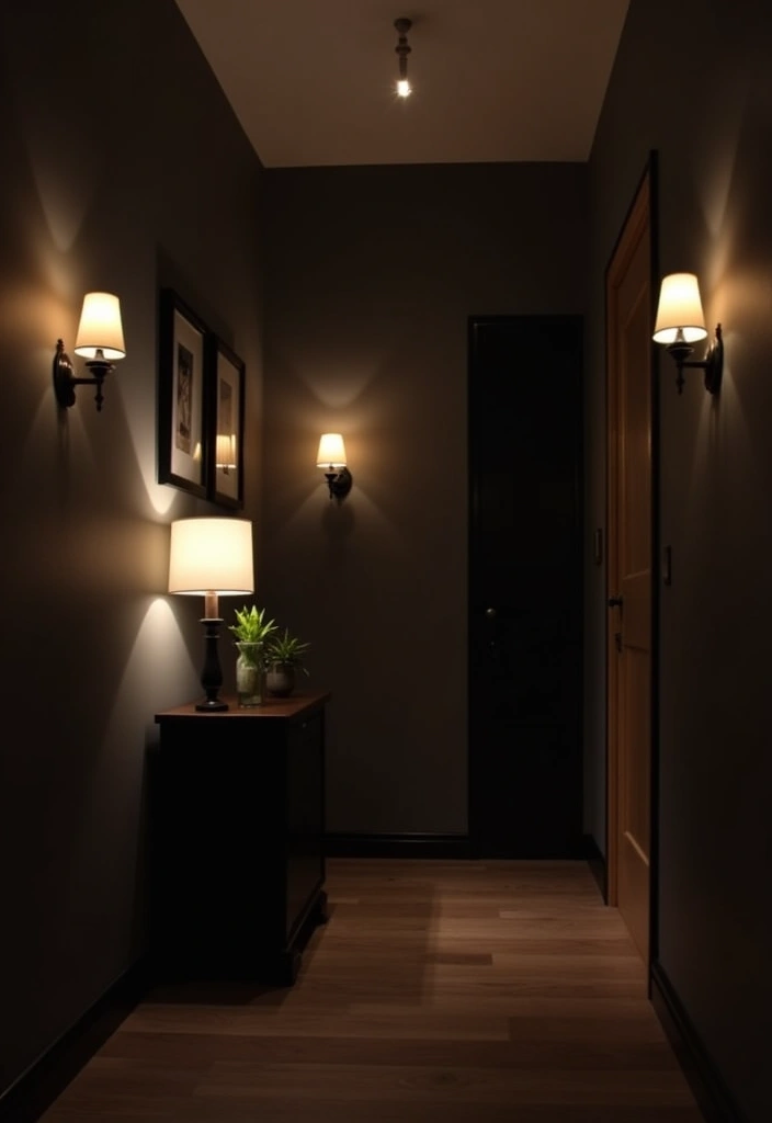 26 Dark Hallway Ideas to Elevate Your Home Decor - 8. Layered Lighting