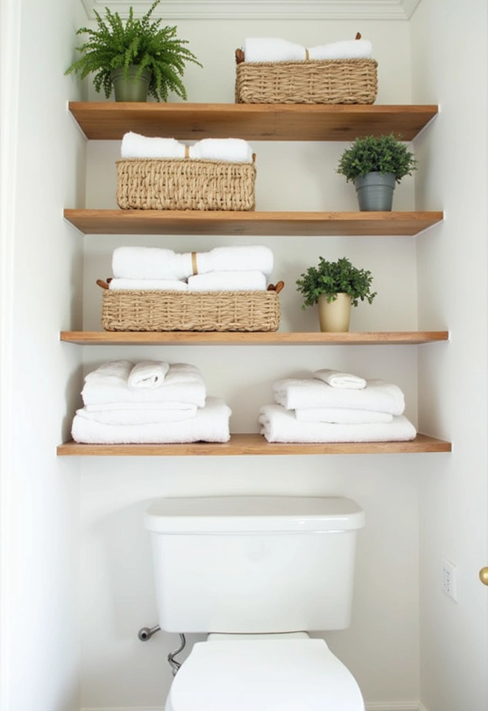 26 Modern Farmhouse Bathroom Ideas - 7. Open Shelving