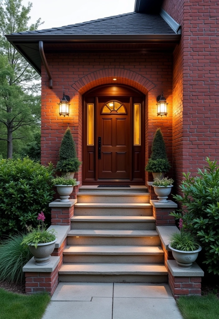 27 Bold and Modern Red Brick House Ideas - 13. Elevated Entryways