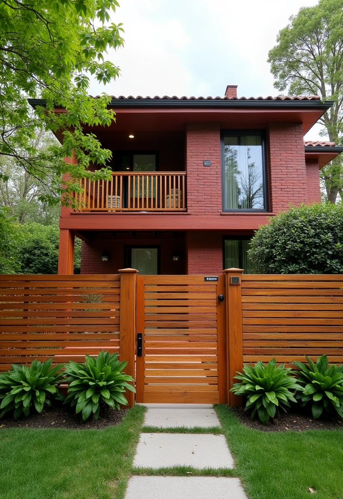 27 Bold and Modern Red Brick House Ideas - 14. Artistic Fencing