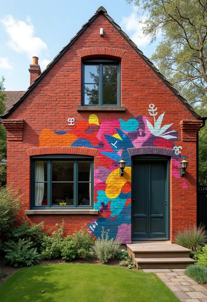 27 Bold and Modern Red Brick House Ideas - 6. Artistic Mural Designs