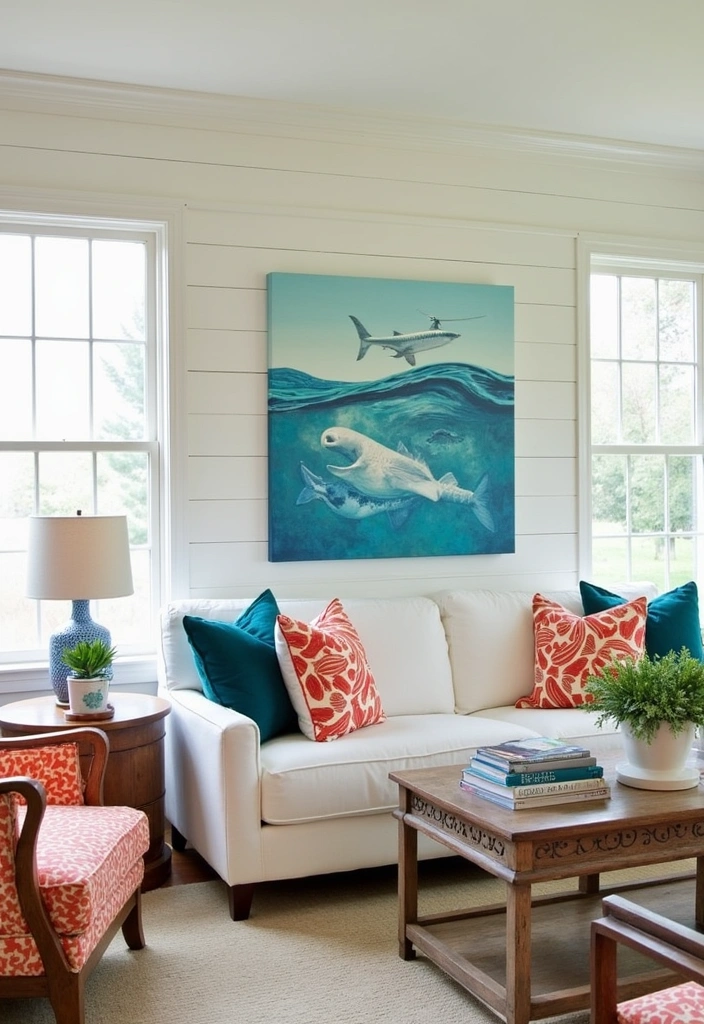 27 Charming Hamptons Style Beach Cottage Ideas - 12. Artistic Wall Treatments