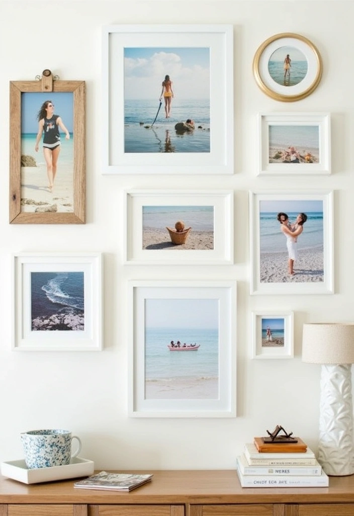 27 Charming Hamptons Style Beach Cottage Ideas - 16. Coastal-Themed Gallery Wall