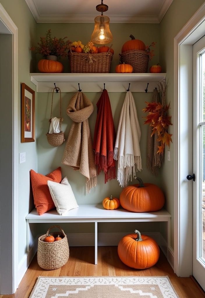 27 Cozy Farmhouse Mudroom Ideas - 10. Seasonal Decor Swaps