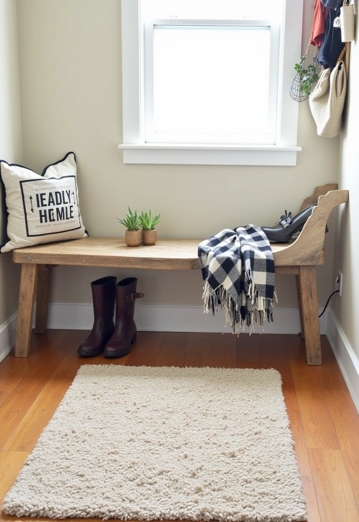 27 Cozy Farmhouse Mudroom Ideas - 3. Cozy Textiles