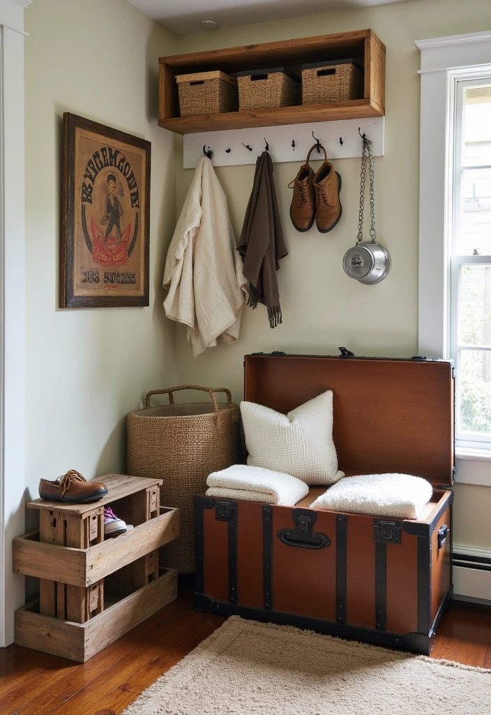 27 Cozy Farmhouse Mudroom Ideas - 5. Vintage Storage Solutions